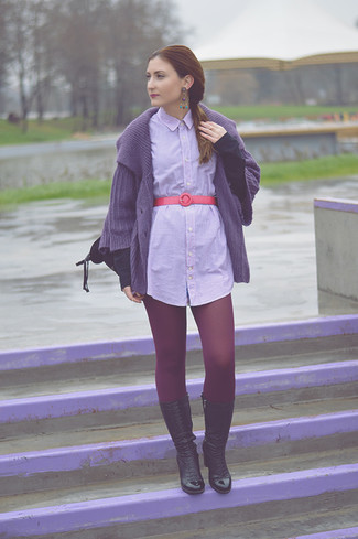 Dark Purple Cardigan Outfits For Women: A dark purple cardigan and a grey vertical striped shirtdress are robust sartorial weapons in any modern woman's sartorial arsenal. A pair of black leather mid-calf boots is the glue that pulls this outfit together.