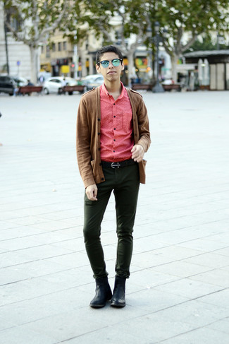 Men's Brown Cardigan, Red Short Sleeve Shirt, Dark Green Chinos, Black Leather Chelsea Boots