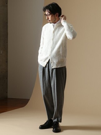 Men's White Cardigan, White Short Sleeve Shirt, Grey Chinos, Black Leather Derby Shoes