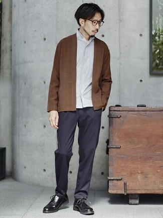 Men's Brown Cardigan, Grey Horizontal Striped Short Sleeve Shirt, Navy Chinos, Black Leather Derby Shoes