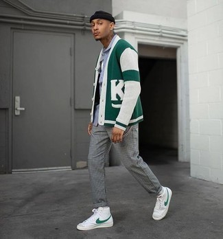 Dark Green Print Cardigan Outfits For Men: Combining a dark green print cardigan with grey check chinos is a savvy idea for a laid-back look. Get a little creative when it comes to shoes and add white and green leather high top sneakers to the mix.