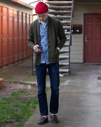 Men's Olive Cardigan, Blue Chambray Short Sleeve Shirt, Navy Ripped Jeans, Dark Brown Leather Boat Shoes