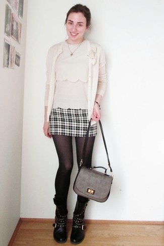 Women's Beige Cardigan, Beige Sleeveless Top, Black and White Plaid Mini Skirt, Black Studded Leather Mid-Calf Boots
