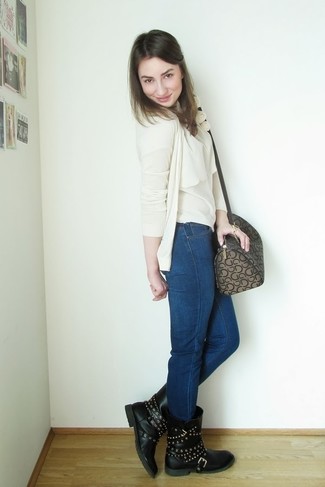 Women's Beige Cardigan, Beige Sleeveless Top, Navy Skinny Jeans, Black Studded Leather Mid-Calf Boots