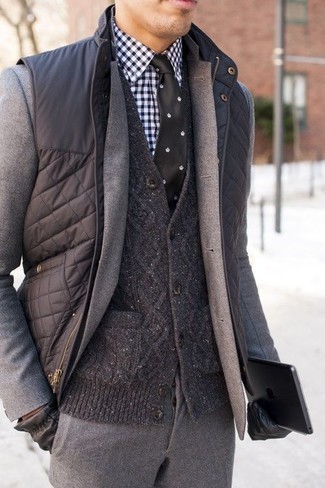 Men's Navy and White Gingham Dress Shirt, Charcoal Knit Cardigan, Grey Wool Suit, Charcoal Quilted Gilet