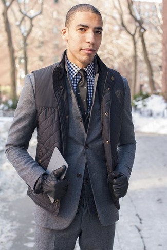 Men's Black and White Gingham Dress Shirt, Charcoal Cardigan, Grey Wool Suit, Charcoal Gilet