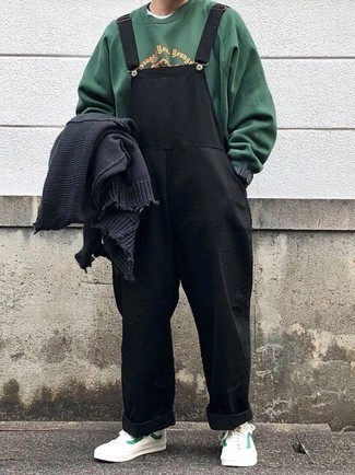Men's Charcoal Cardigan, Dark Green Print Sweatshirt, Black Overalls, White and Green Canvas Low Top Sneakers