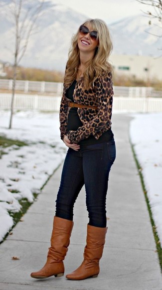 Women's Brown Leopard Cardigan, Black Tank, Navy Skinny Jeans, Brown Leather Knee High Boots