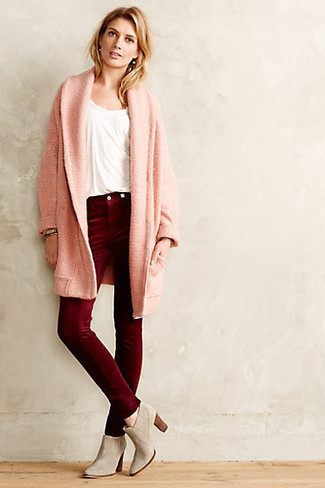 Women's Pink Knit Cardigan, White Tank, Burgundy Corduroy Skinny Jeans, Grey Suede Ankle Boots
