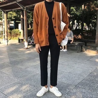 Black Chinos Smart Casual Outfits: Extremely stylish, this laid-back combination of a tobacco cardigan and black chinos will provide you with amazing styling opportunities. Feeling creative? Switch up your outfit by rounding off with white canvas low top sneakers.
