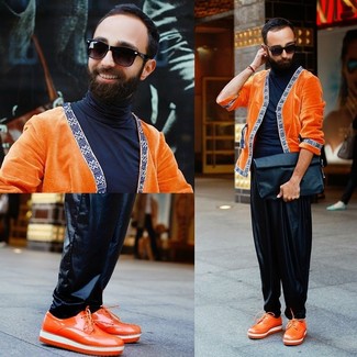 Black Sweatpants Outfits For Men: For a look that's very easy but can be styled in many different ways, pair an orange cardigan with black sweatpants. Get a bit experimental on the shoe front and complement your getup with a pair of orange leather derby shoes.