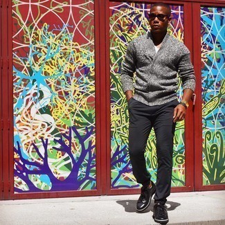 Men's Grey Cardigan, White V-neck T-shirt, Black Chinos, Black Leather Low Top Sneakers