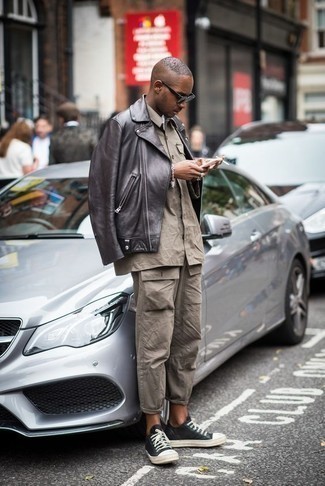 Charcoal Biker Jacket Outfits For Men: 
