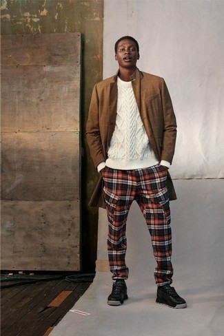 Brown Check Overcoat Warm Weather Outfits: 