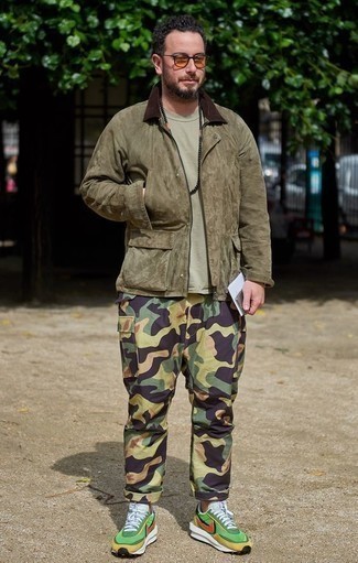 Men's Green Athletic Shoes, Multi colored Camouflage Cargo Pants, Olive Crew-neck T-shirt, Olive Corduroy Barn Jacket
