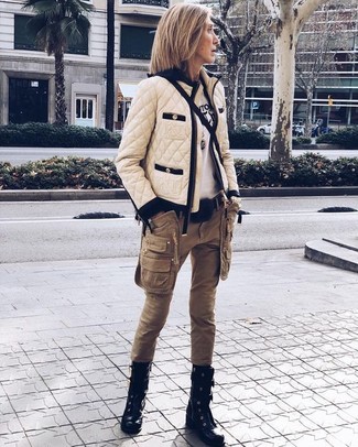 Women's Black Leather Lace-up Flat Boots, Brown Cargo Pants, White and Black Print Crew-neck T-shirt, Beige Quilted Bomber Jacket