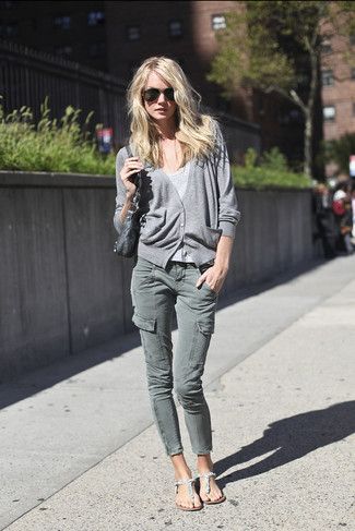 Women's Grey Leather Thong Sandals, Grey Cargo Pants, Grey Crew-neck T-shirt, Grey Cardigan