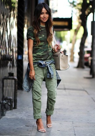Dark Green Camouflage Crew-neck T-shirt Outfits For Women: 