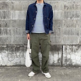 Men's White Canvas Low Top Sneakers, Olive Cargo Pants, White and Navy Horizontal Striped Crew-neck T-shirt, Navy Denim Jacket