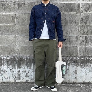 Men's Black and White Canvas Low Top Sneakers, Olive Cargo Pants, White Crew-neck T-shirt, Navy Denim Jacket