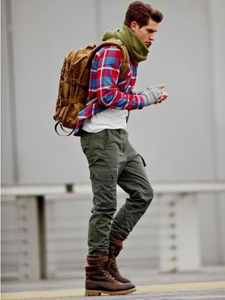 Men's Burgundy Leather Casual Boots, Olive Cargo Pants, White Crew-neck T-shirt, Red Plaid Long Sleeve Shirt