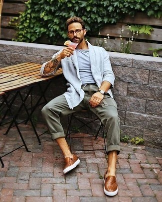 Grey Linen Long Sleeve Shirt Outfits For Men: 