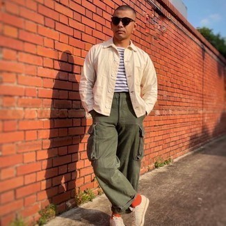 Men's Beige Canvas Low Top Sneakers, Olive Cargo Pants, White and Navy Horizontal Striped Crew-neck T-shirt, Beige Shirt Jacket