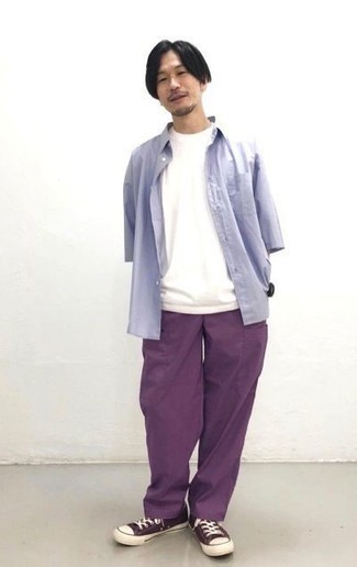 Men's Dark Purple Canvas Low Top Sneakers, Violet Cargo Pants, White Crew-neck T-shirt, Light Blue Short Sleeve Shirt