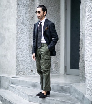Men's Black Suede Tassel Loafers, Olive Cargo Pants, White Dress Shirt, Navy and Green Plaid Blazer