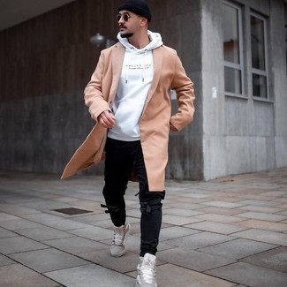 Men's White Canvas High Top Sneakers, Black Cargo Pants, White and Black Print Hoodie, Camel Overcoat