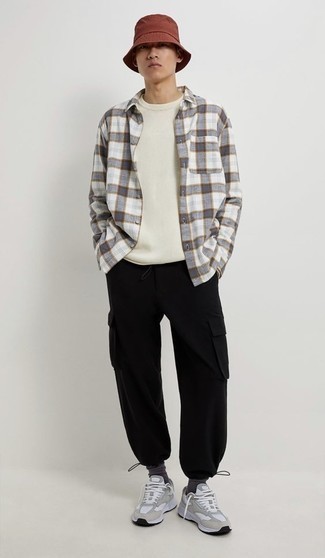 White and Red Plaid Long Sleeve Shirt Outfits For Men: 