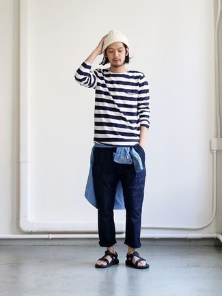 White and Navy Horizontal Striped Long Sleeve T-Shirt Outfits For Men: 