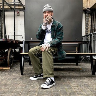 Men's Black and White Canvas Low Top Sneakers, Olive Cargo Pants, White and Navy Print Long Sleeve T-Shirt, Dark Green Plaid Overcoat