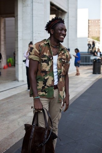 Men's Dark Brown Leather Tote Bag, Khaki Cargo Pants, White Tank, Brown Camouflage Chambray Short Sleeve Shirt