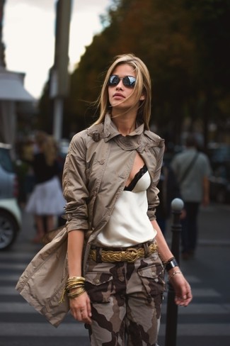 Women's Gold Woven Leather Belt, Brown Camouflage Cargo Pants, White and Black Lace Tank, Brown Trenchcoat