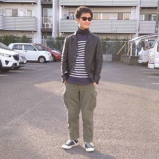 Men's Black and White Canvas High Top Sneakers, Olive Cargo Pants, Navy and White Horizontal Striped Turtleneck, Black Leather Blazer