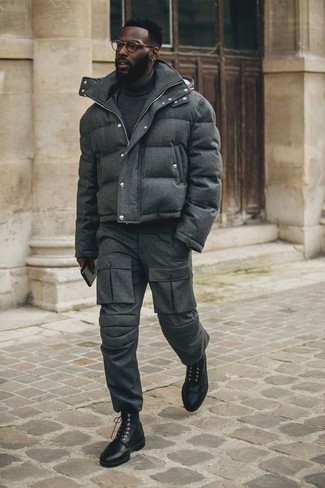 Men's Black Leather Brogue Boots, Charcoal Cargo Pants, Charcoal Wool Turtleneck, Charcoal Puffer Jacket