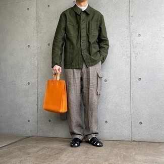 Orange Leather Tote Bag Outfits For Men: 