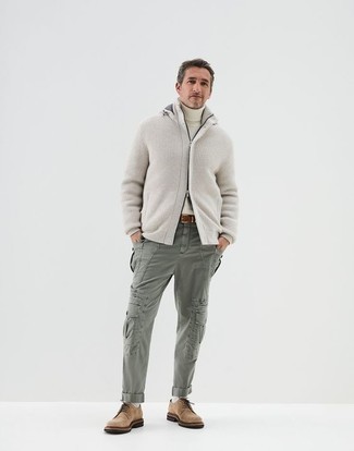 Men's Tan Suede Derby Shoes, Olive Cargo Pants, White Turtleneck, Grey Zip Sweater