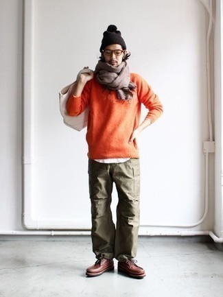 Men's White Canvas Tote Bag, Brown Leather Casual Boots, Olive Cargo Pants, Orange Crew-neck Sweater