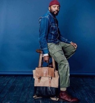 Men's Tan Canvas Tote Bag, Burgundy Leather Casual Boots, Olive Cargo Pants, Navy Denim Shirt