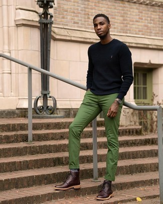 Men's Tan Leather Watch, Burgundy Leather Casual Boots, Green Chinos, Navy Crew-neck Sweater