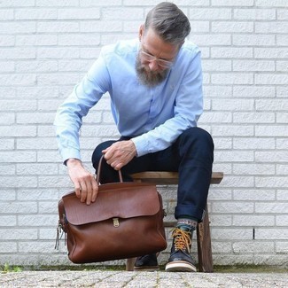 Men's Brown Leather Briefcase, Navy Leather Casual Boots, Navy Chinos, Light Blue Long Sleeve Shirt