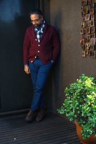 Navy Check Scarf Outfits For Men: 
