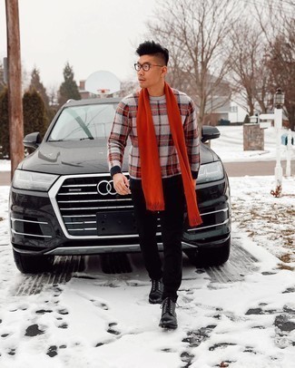 Grey Plaid Crew-neck Sweater Outfits For Men: 