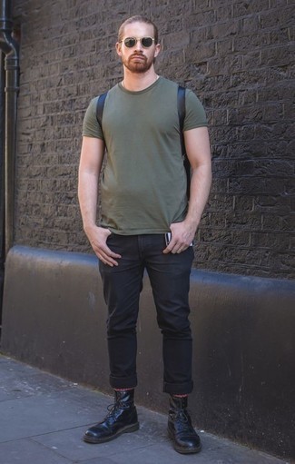 Men's Black Leather Backpack, Black Leather Casual Boots, Black Jeans, Olive Crew-neck T-shirt