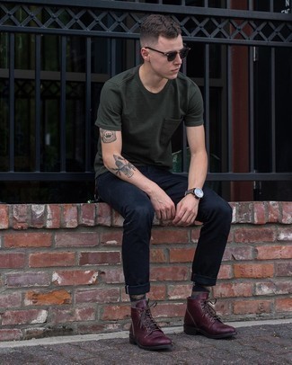 Burgundy Leather Casual Boots Outfits For Men: 