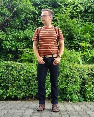 Men's Tobacco Leather Backpack, Dark Brown Leather Casual Boots, Navy Jeans, Orange Horizontal Striped Crew-neck T-shirt