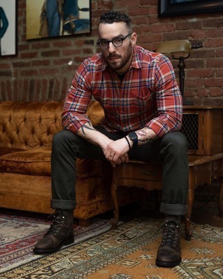 Men's Clear Sunglasses, Dark Brown Leather Casual Boots, Charcoal Jeans, Red Plaid Long Sleeve Shirt