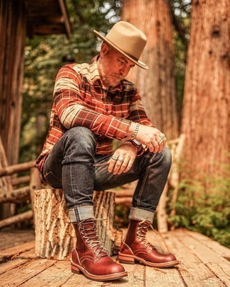 Men's Tan Wool Hat, Tobacco Leather Casual Boots, Charcoal Jeans, Red Plaid Flannel Long Sleeve Shirt